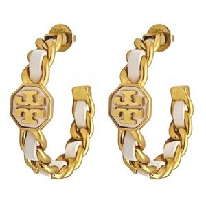 New Tory Burch Marion Woven Chain Link Hoop Earrings; White/Gold